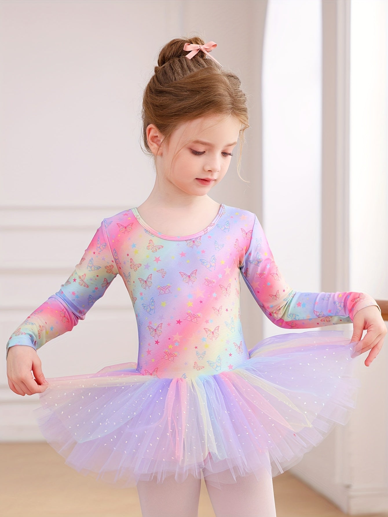 Christmas Gift Girls' Outfit - Long Sleeve Star Rainbow Butterfly Print One-Piece Tulle Puffy Dress, Non-Detachable Fall Ballet Gymnastics Leotard For Daily Wear, Birthday Party, Dance Performance, Outdoor Sports