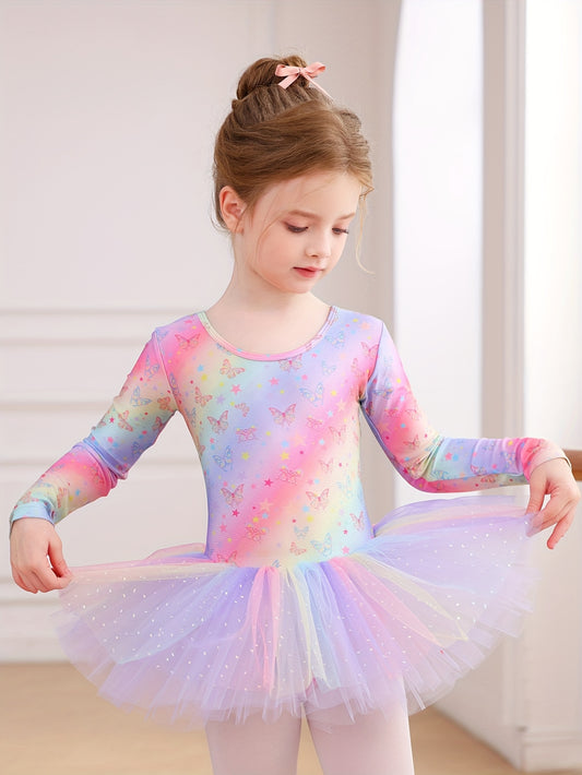 Christmas Gift Girls' Outfit - Long Sleeve Star Rainbow Butterfly Print One-Piece Tulle Puffy Dress, Non-Detachable Fall Ballet Gymnastics Leotard For Daily Wear, Birthday Party, Dance Performance, Outdoor Sports