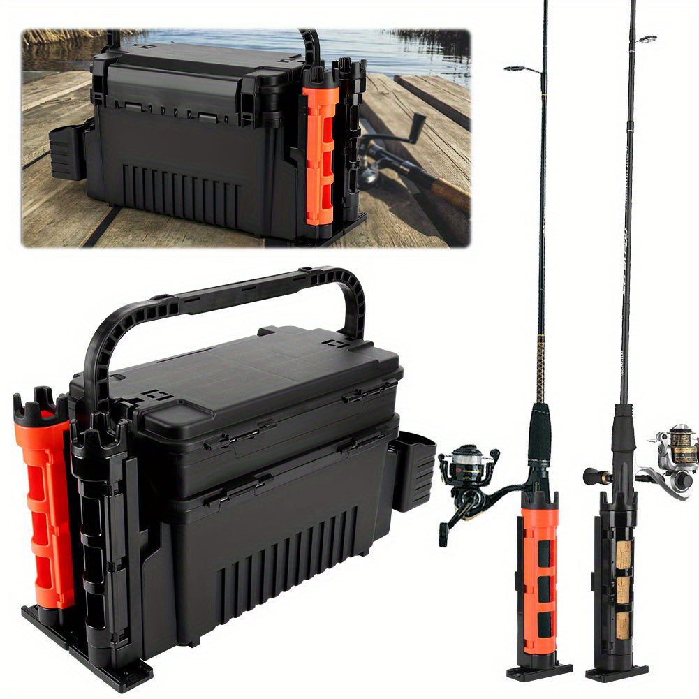 Two-Level Fishing Equipment Storage Box with Rod Support And Cup - 2.91 Gallon Spacious Fishing Gear Transport Case, Storage for Rods, Reels, And Accessories (Portable And Comprehensive)