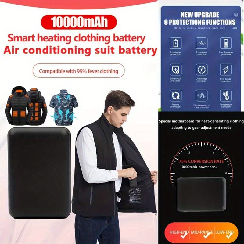 The 10000mAh Portable Power Bank Is Ultra-lightweight, Small And Has A Large Capacity. It Is Suitable for Electric Vests And Air-conditioned Suits. It Can Charge A Mobile Phone with 2.1A Fast Charging And Has 2 USB Ports for