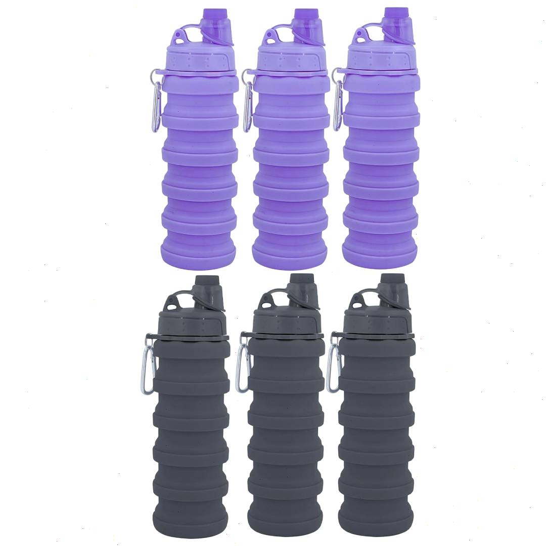 6Pcs Pack Collapsible Silicone Water Bottle BPA Free Leakproof Foldable Travel Bottle Carry Loop Camping Hiking Cycling