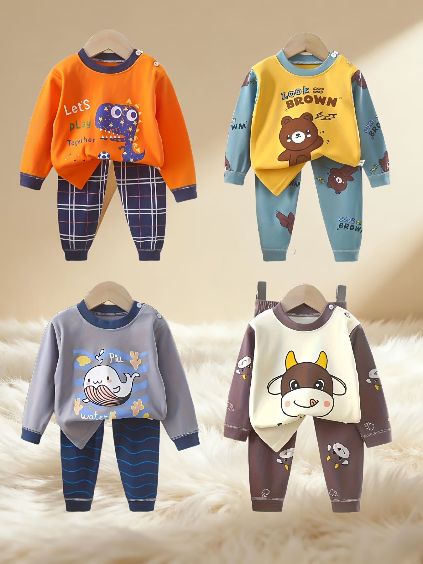 4 Sets Of 8pcs Long-sleeved Shirts And Long Pants for Boys In Autumn And Winter, Animal-printed T-shirts And Kids' Long Pants, Pure Cotton Soft And Comfortable Boys' Sets for Home Wear, Perfect for Outdoor