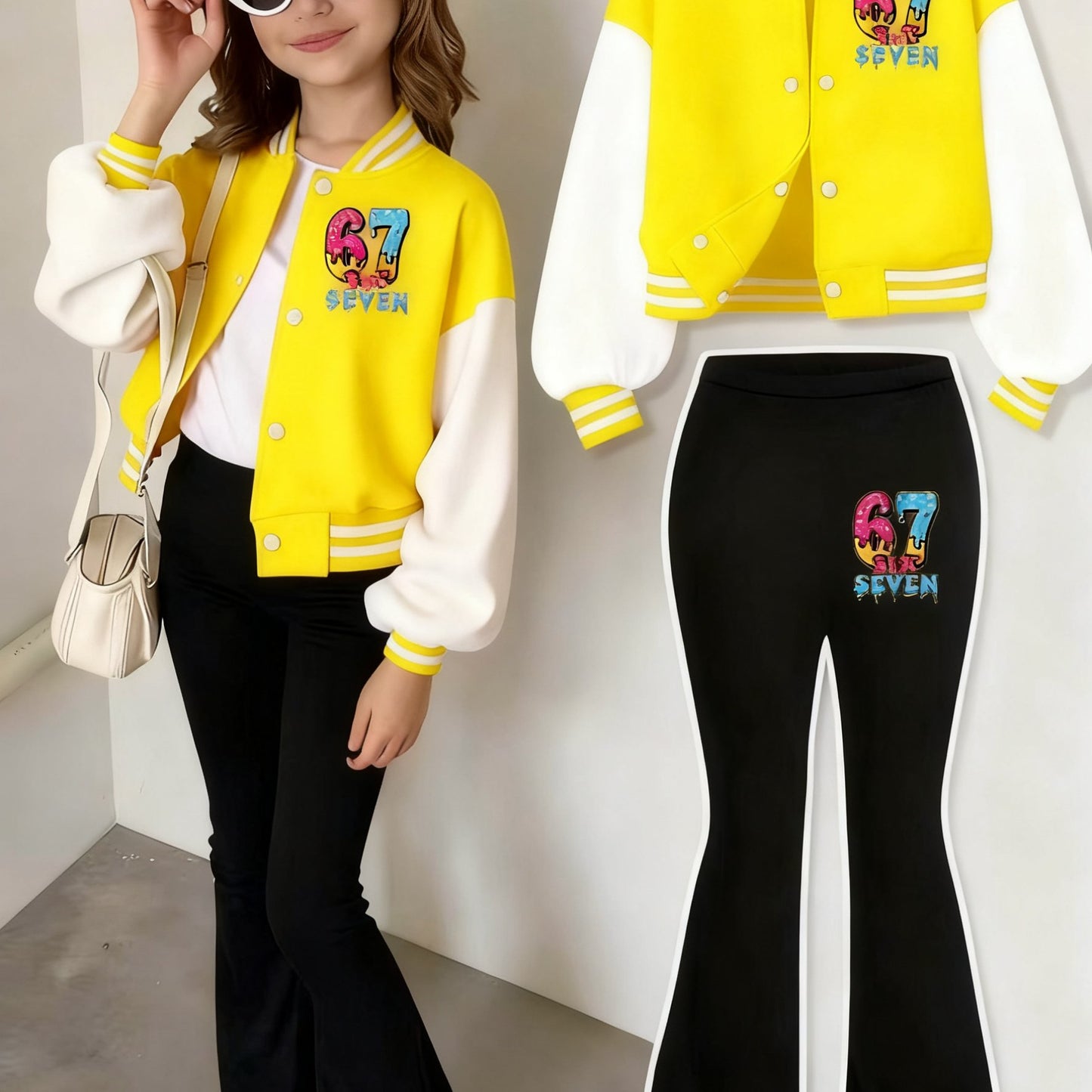 2pcs set, girls' jacket and flared pants set, 3-12 years old, autumn and winter, colorful, number 67, 3D printing, polyester blended with spandex fabric, K-pop style, suitable for holiday parties, creative gifts, daily casual