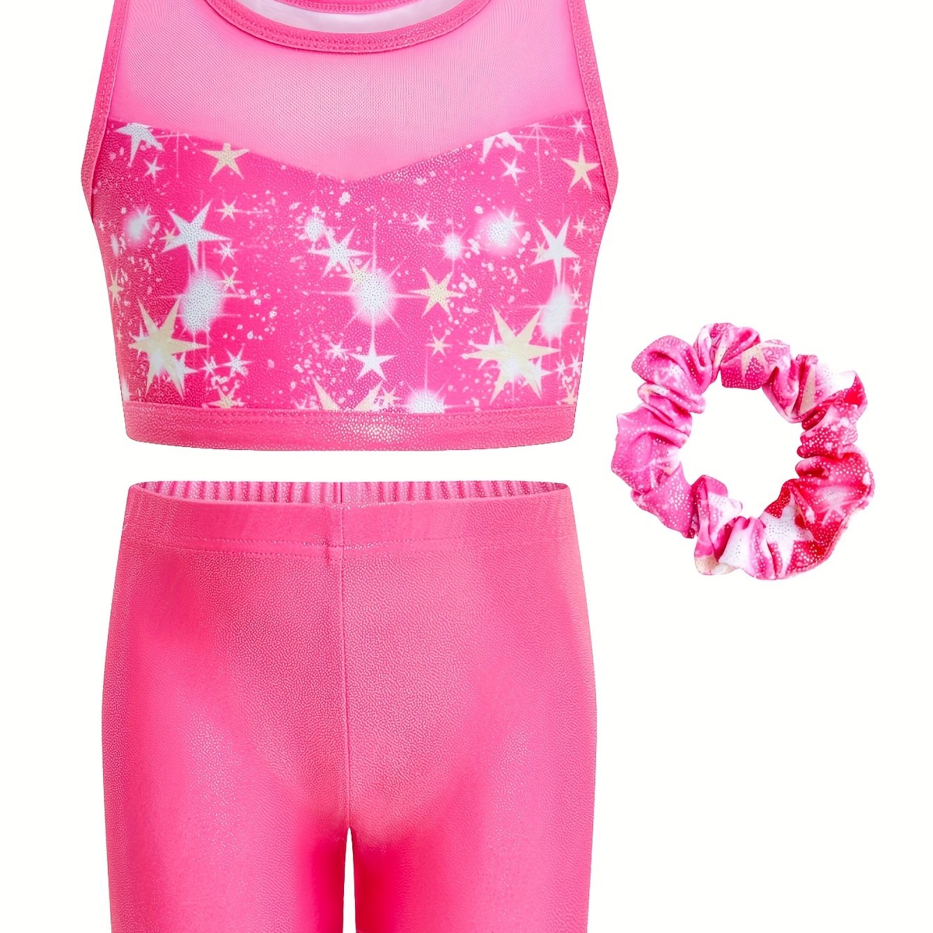 3pcs Sleeveless Gymnastics Leotards, Mesh Spliced Neckline Ballet Tumbling Outfit for Girls with Shorts And Hair Tie, Crisscross Mesh Back Kids Ballet Dancewear, Athletic Outfit for Ages 3-12, Perfect for Outdoor