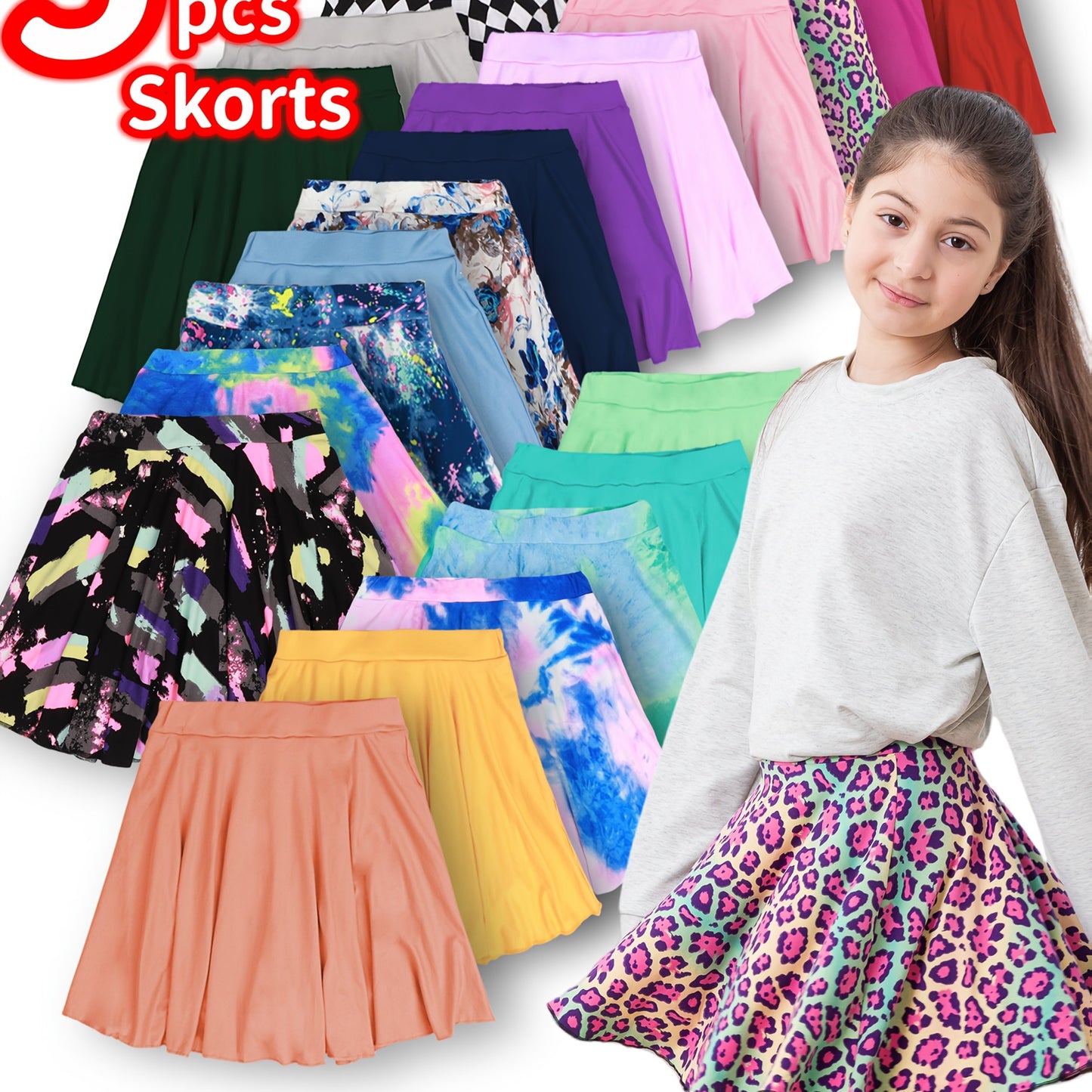 Random 5pcs Girls Skorts for School Back Leggings,  Dance Wear, Printed Design, Easy Care, Breathable Material, Multipack Skorts