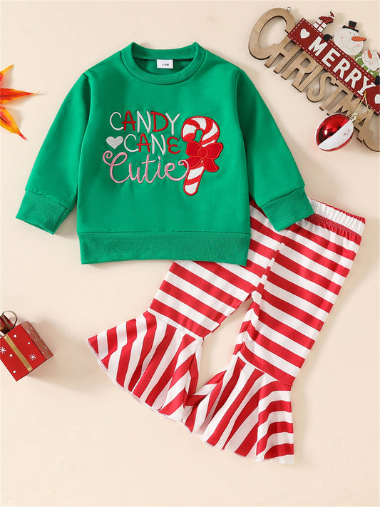 2pcs Toddler Girl Christmas Outfit Set - "Candy Cane Cutie" Letter Print Sweatshirt & Red & White Striped Flare Pants, Casual Long Sleeve & Round Neck, Perfect for Holiday Wear, Christmas Clothes, Best for Christmas, for Outd