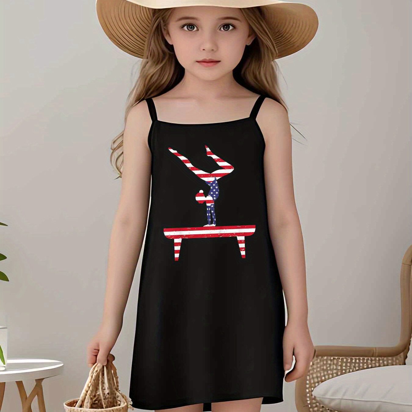 Girls' Sleeveless Gymnastics Leotard Dress with USA Flag Print & Gymnast Silhouettes - Knee-Length Athletic Dance Outfit, All-Season for Team Training, Practice & Competitions - Youth Gymnast Apparel for Kids & Teens (Easy-Ca