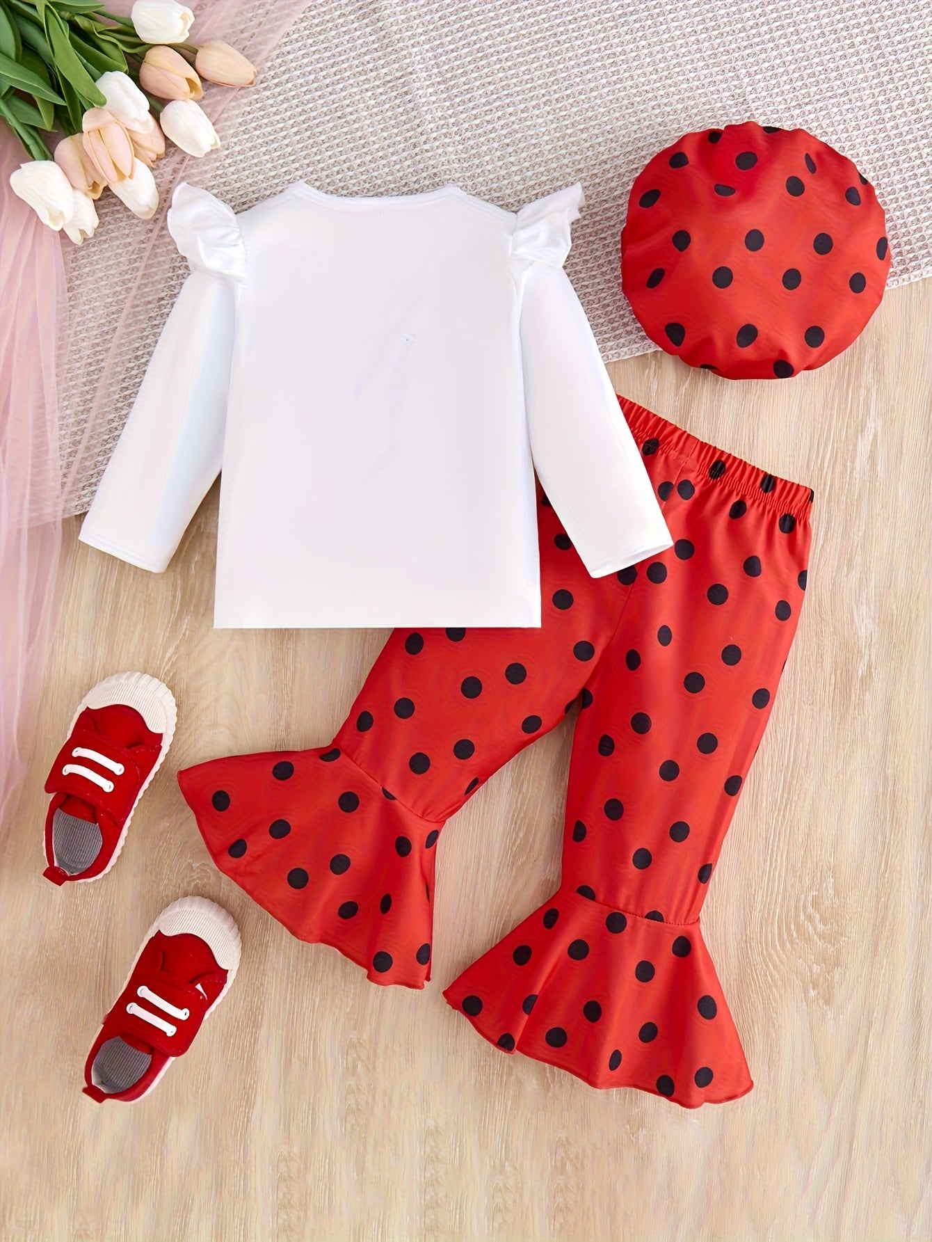 2pcs Baby's Cartoon Ladybug Print Ruffled Long Sleeve T-shirt + Hat + Polka Dots Pattern Bell-bottom Pants, Toddler & Infant Girl's Clothing Set for Spring Fall, Outdoor Cloth, Perfect for Outdoor