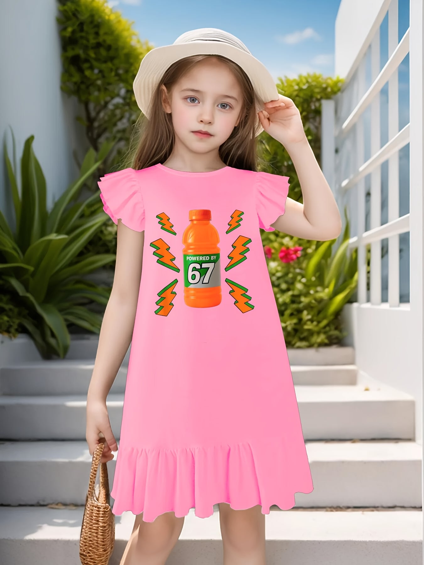 Girls Midi Cotton Dress With Flutter Sleeves Number Theme Applique Gen Alpha Logo Round Neck Machine Washable