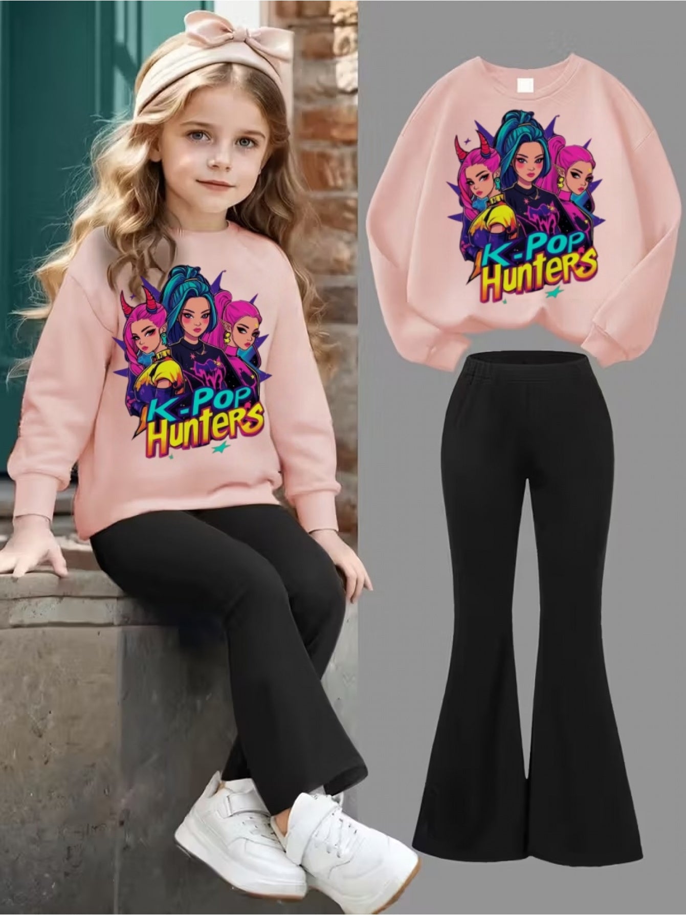 Two Piece Set For Girls Aged 3 To 12 Sweatshirt And Flared Pants 3D Printed Kpop Pattern Machine Washable Polyester