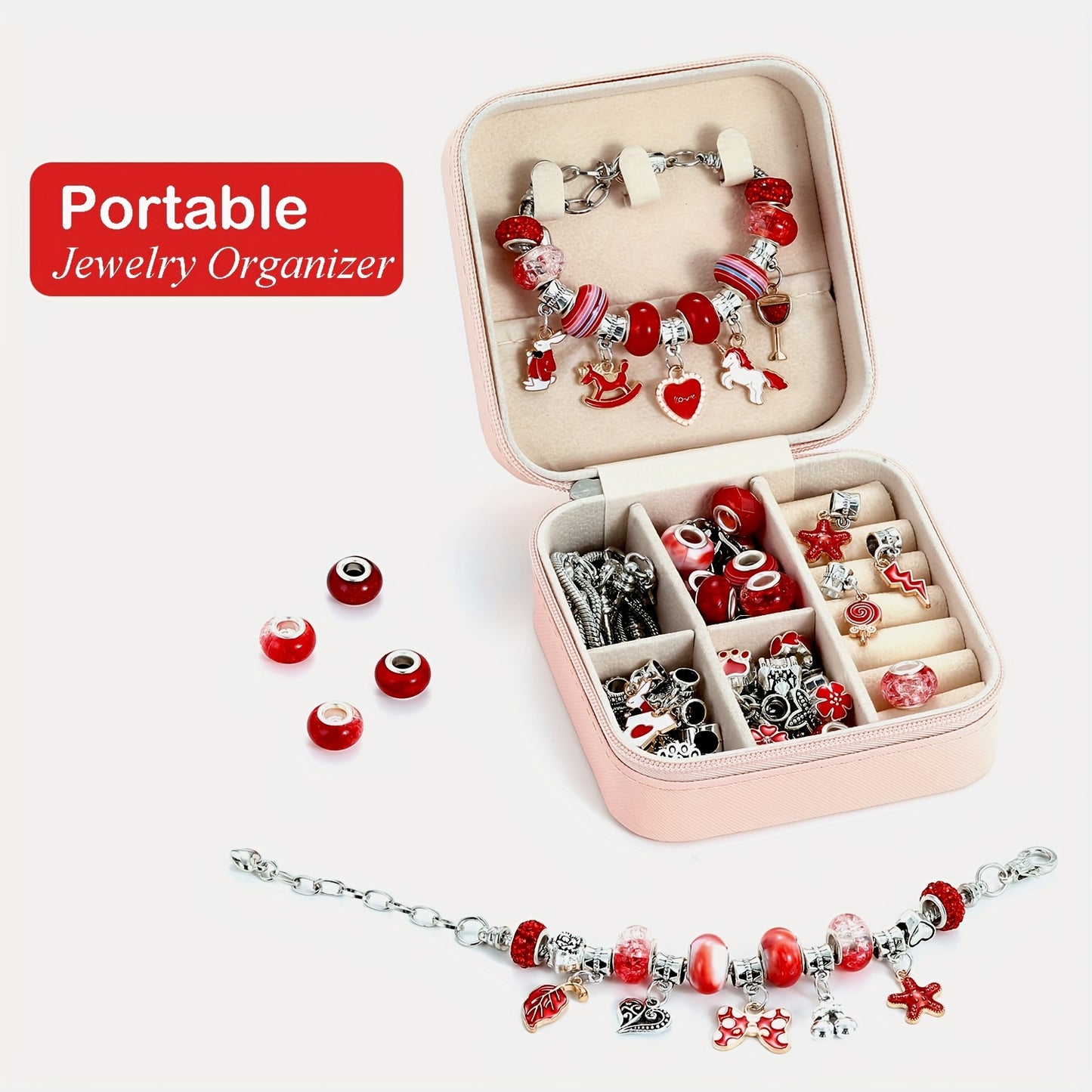 68 Pieces Red Beads And Bracelet Making Kit With Unicorn Love Theme DIY Jewelry Craft Portable Storage Box Gift