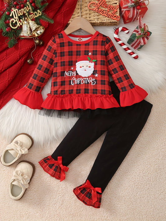 2pcs Baby 's Christmas Outfit Set - Red & Black Plaid Ruffled Sleeve Dress with Flared Bell-Bottoms & Bow Trim, Santa Claus Letter Embellished Top & Elastic Waist Pants for / (Machine Washable Holiday Party Costume), Perfect