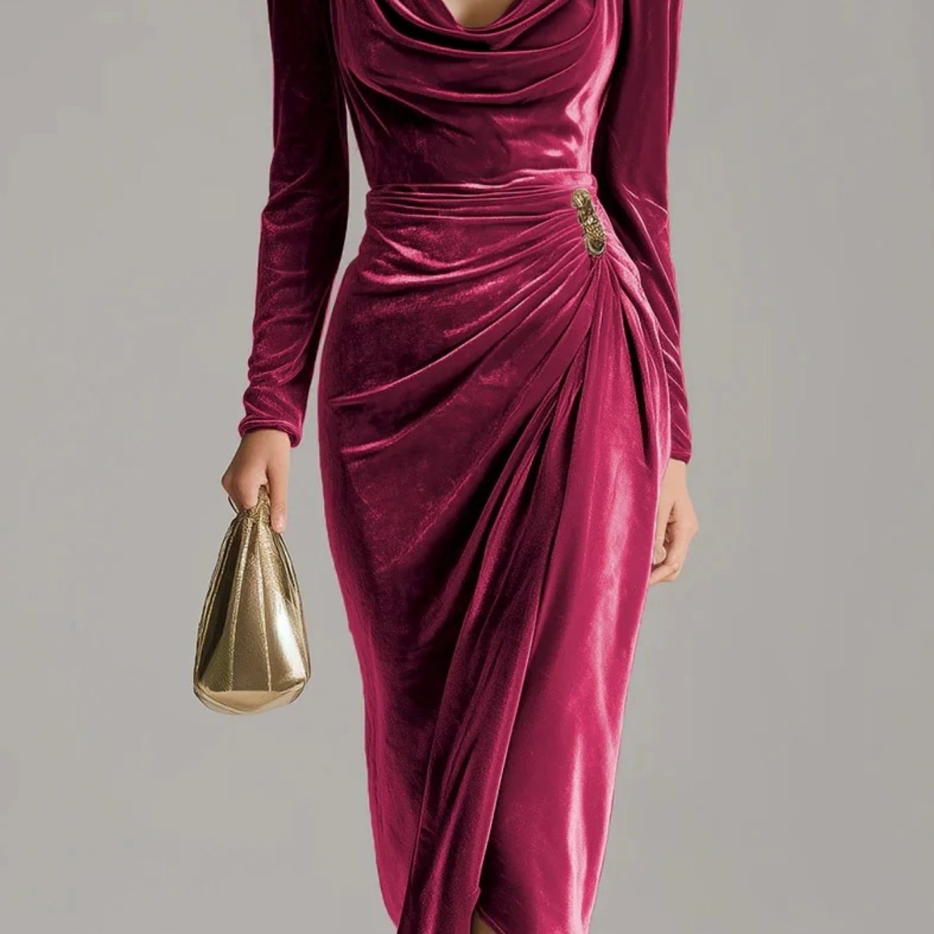 Socato ' Elegant -Neck Sleeve Slit Bodycon Dress with Pleated train - Solid Color Wedding Guest Gown, Prom Dress, Dress - Non-Stretch Pencil for special Occasions (Hand Wash/Dry)