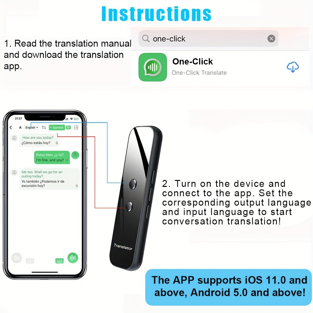 Portable Language Translator Device, Two-Way Instant Translator, APP Online Voice Translation, 137 Languages Supported, High Accuracy Translator Device for Travel Business Learning Headphones