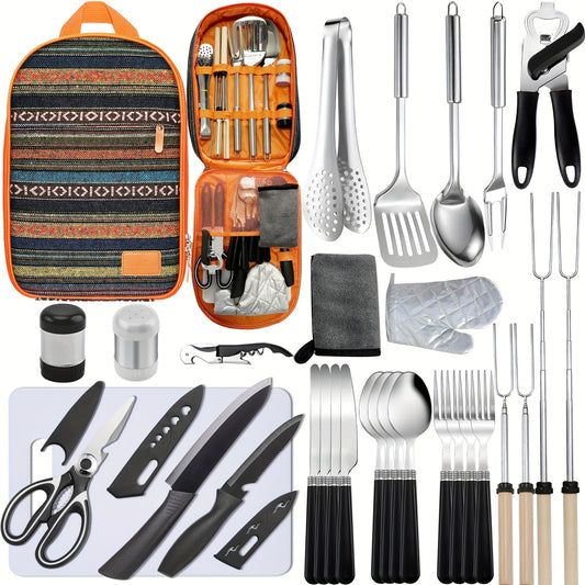 Portable Camping Kitchen Utensil Set-31pcs Camping Essentials Camping Accessories Gear Must Haves Camping Cookware Kit, Stainless Steel Outdoor Cooking And Grilling Utensil Organizer Travel Set Perfect for Travel, Picnics, RV