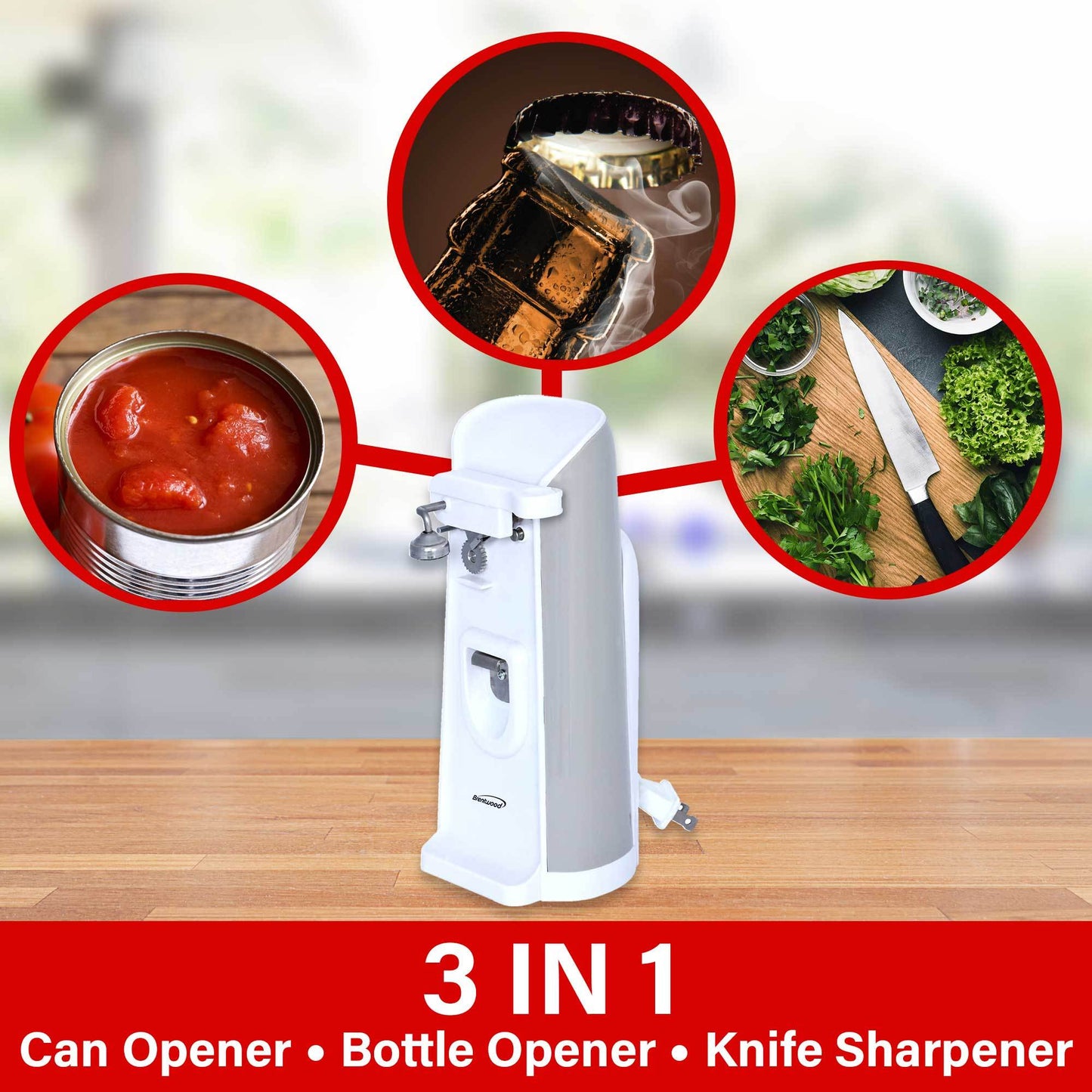 Brentwood Can Opener W/ Built-In Bottle Opener & Knife Sharpener - Wht