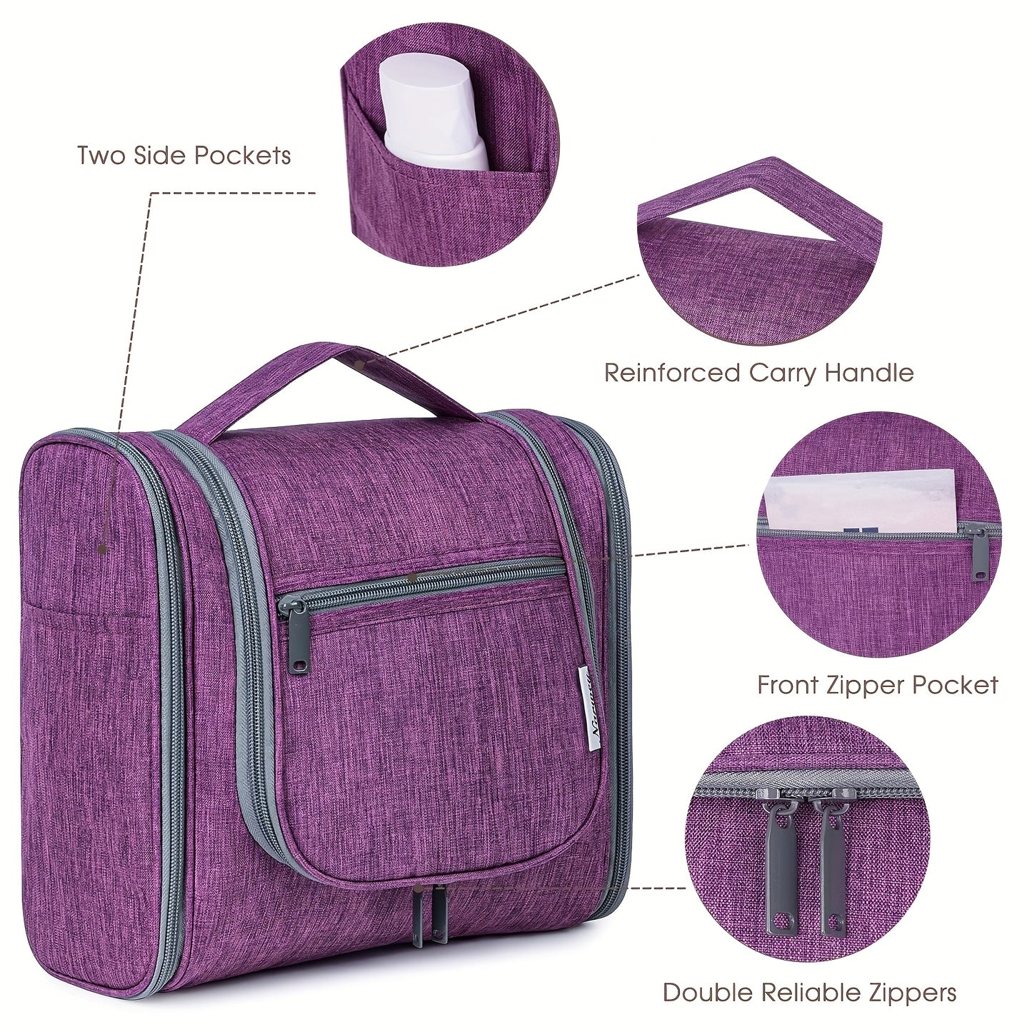 Women's Large Capacity Hanging Toiletry Bag - Travel Cosmetic Organizer with Hanging Hook & Top Handle, Zipper Closure, Lightweight Makeup Case with Multiple Compartments - Elegant Purple, Airport Approved for Carry-On Luggag