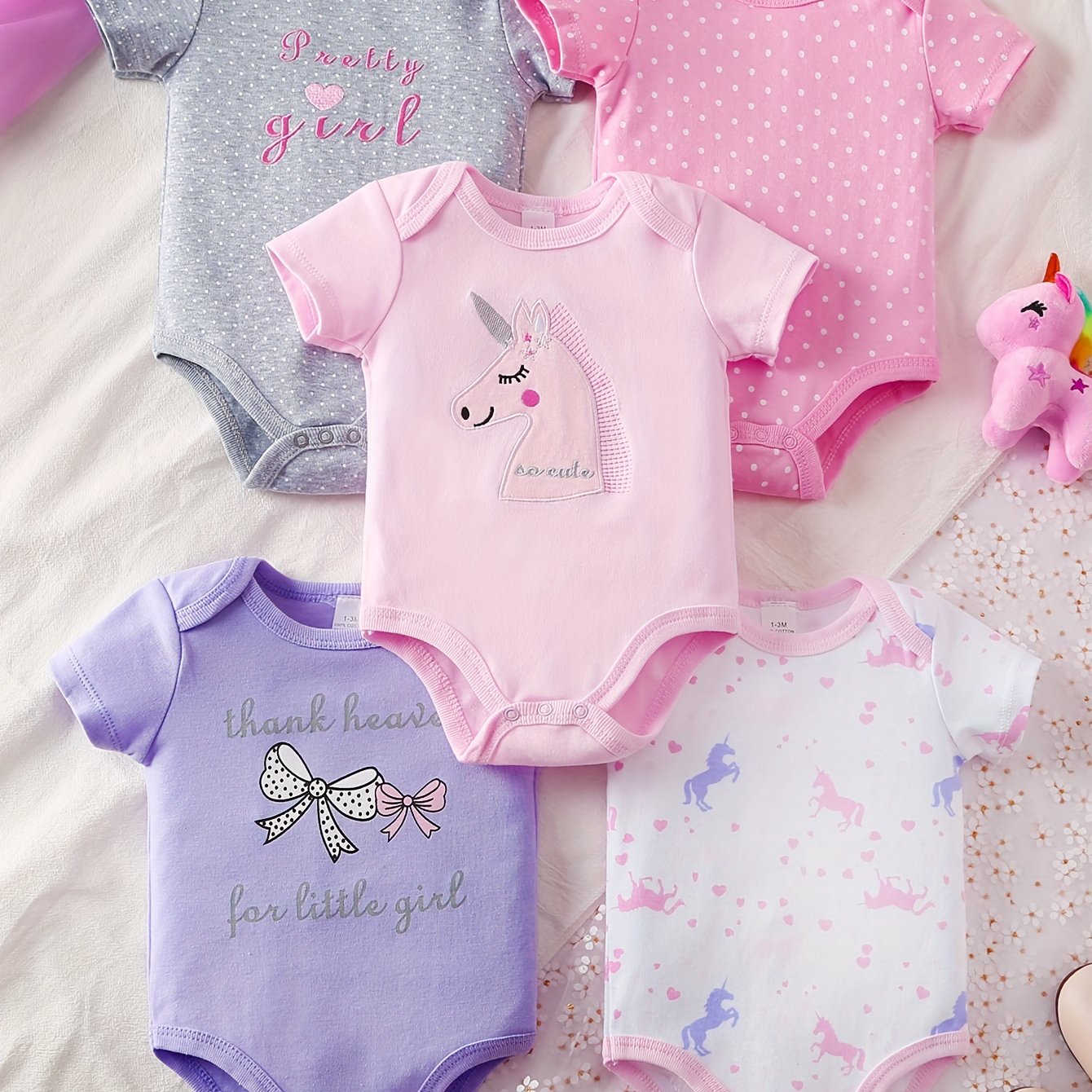 5 Piece Set Baby Girl Cartoon Triangle Onesie Crawling Suit All Season Cotton Machine Washable Cute Outdoor Wear