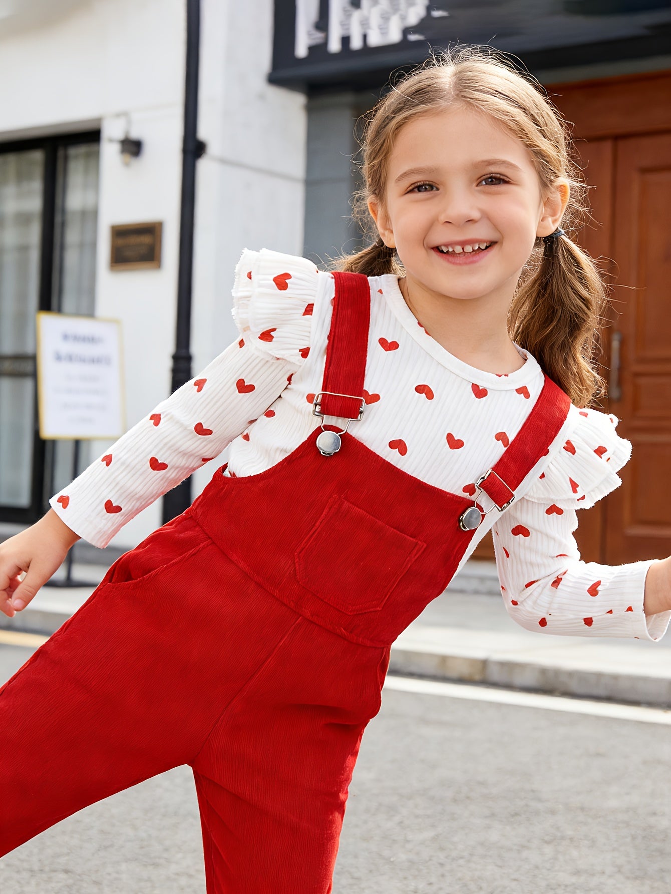 Sweet Style Heart Print Two Piece Girls Valentine Day Outfit