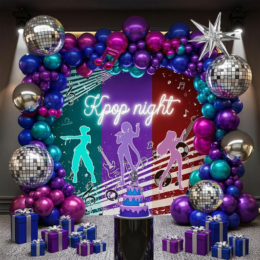 Metallic colorful Balloon garland kit 135pcs with Chrome purple pink blue teal Disco ball balloons for Kpop music decorations 80s Disco Birthday galaxy theme prom new year eve supplies