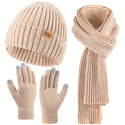 Women's Scarf, Gloves & Beanie Hat Set, Plush Touchscreen Gloves, Cold Weather Hand & Neck Warmers, Christmas & Thanksgiving Gifts for Adults, Beige/Elegant Multi-Color Options (Brown/Beige/Tan), Cozy Winter