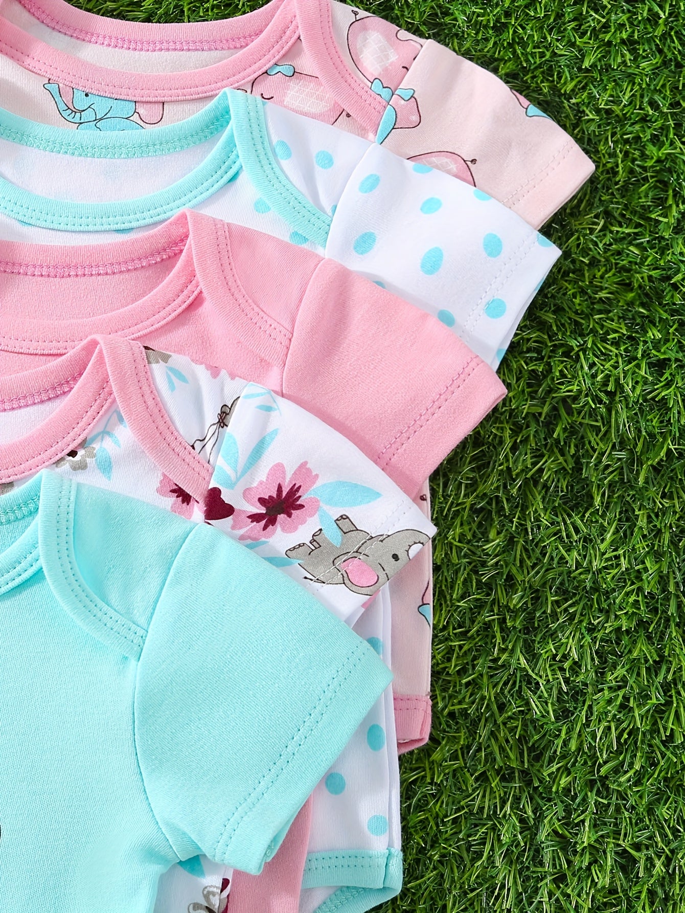 5pcs Set Of Baby Girl Short Sleeved Triangle Jumpsuit, Pink Elephant Cute Baby Girl Hoodie, Crawling Suit, for Outdoor