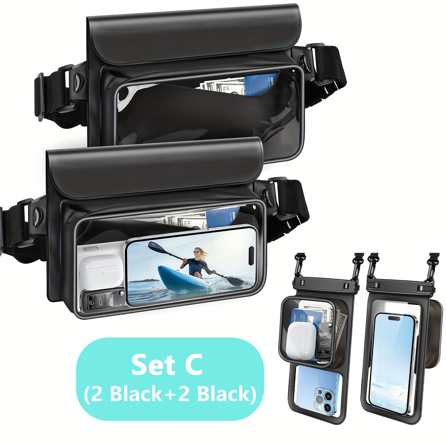 RYNAPAC Waterproof Waist Bag With Adjustable Waistband Double Compartment Fits Up To 7.5 Inches For Galaxy Phones Beach