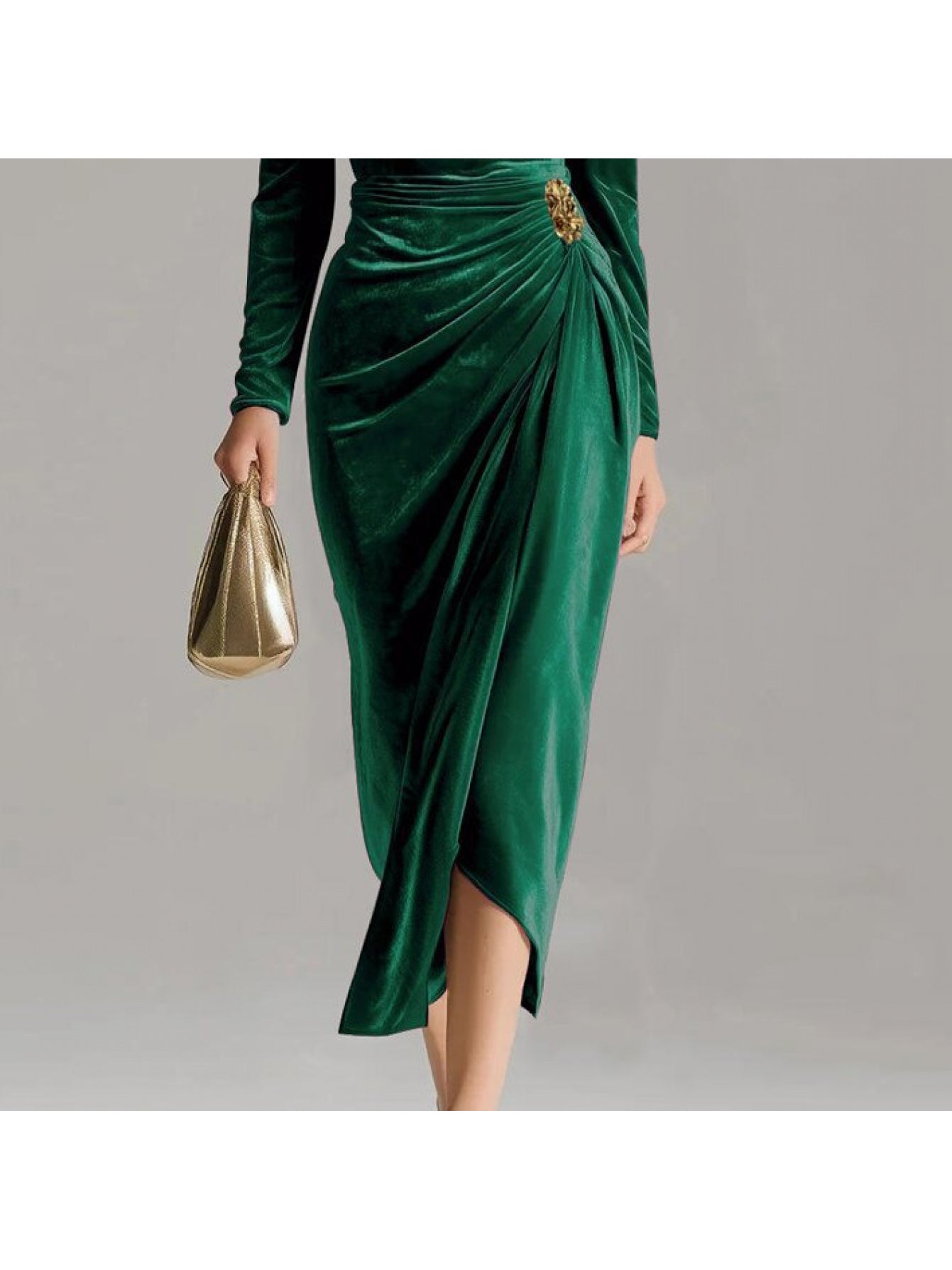 Velvet Midi Dress for Holiday Parties, Deep Brown Cowl Neck Gown with Asymmetric Hem, Stunning Christmas Party Dress with Golden Accent