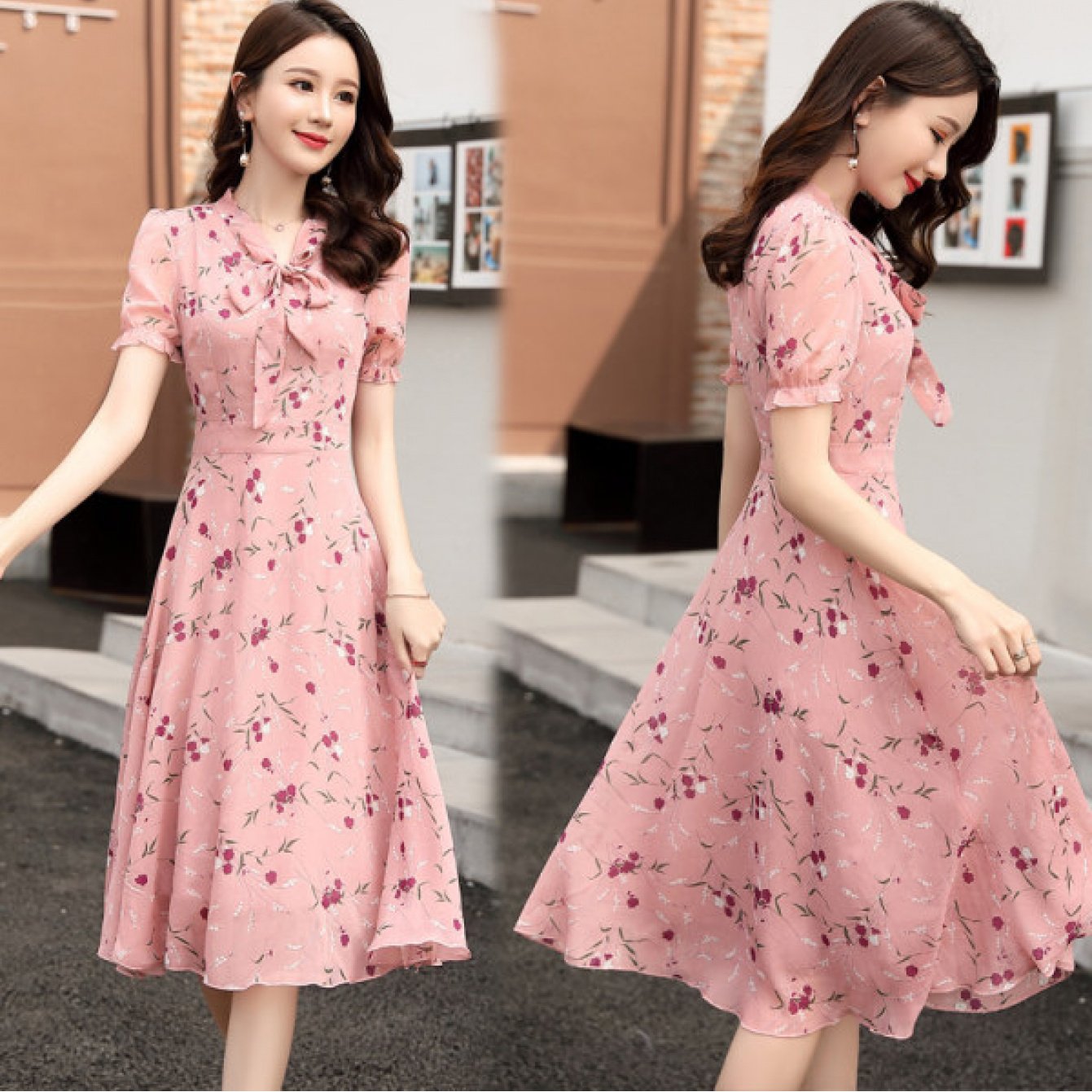 Women'S Floral Print A-Line Dress with V-Neck & Waist Cinching - Short Sleeve Lightweight Breathable Summer Dress, Age-Reducing Flared Skirt for Spring Summer Fall, Casual to Semi-Formal Occasions, Pink Floral Print on Light