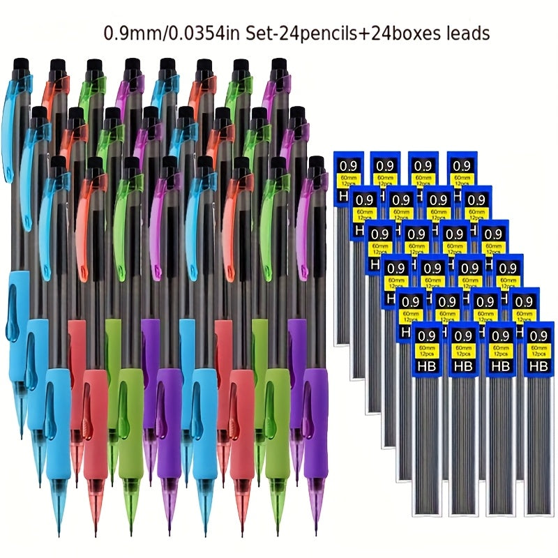 Side Press Mechanical Pencils Set with Replaceable Lead, 0.5/0.7/0.9mm Comfortable Grip Automatic Pencil Set for Office Writing Supplies Back to School Stationery(24pencils+24boxes of Lead)