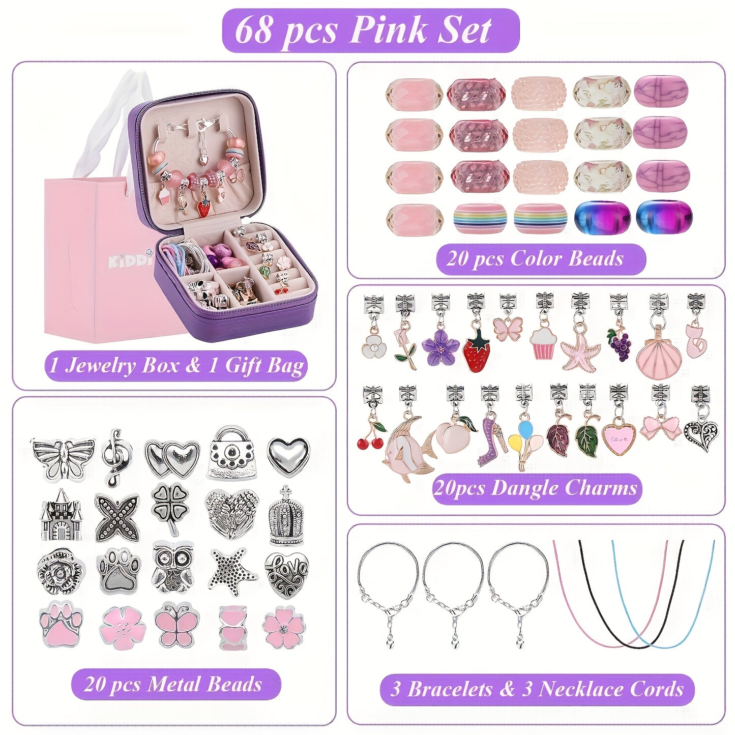 68 Piece Purple Bracelet Making Kit With Beads Heart Pendants Cupcakes Butterflies Star Buckles Elastic Ropes