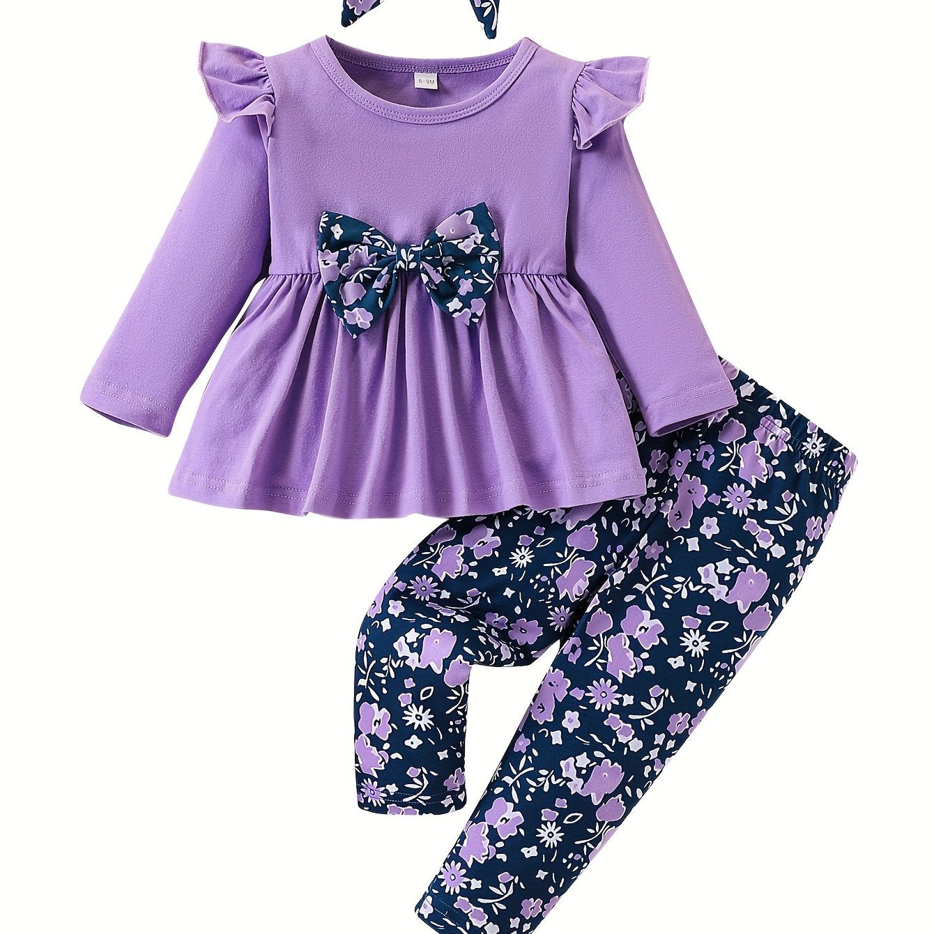 Toddler Baby Girls Clothes Set 3pcs Floral Soft Crewneck Long Sleeve Top+Pants Outfits With Headband, for Outdoor