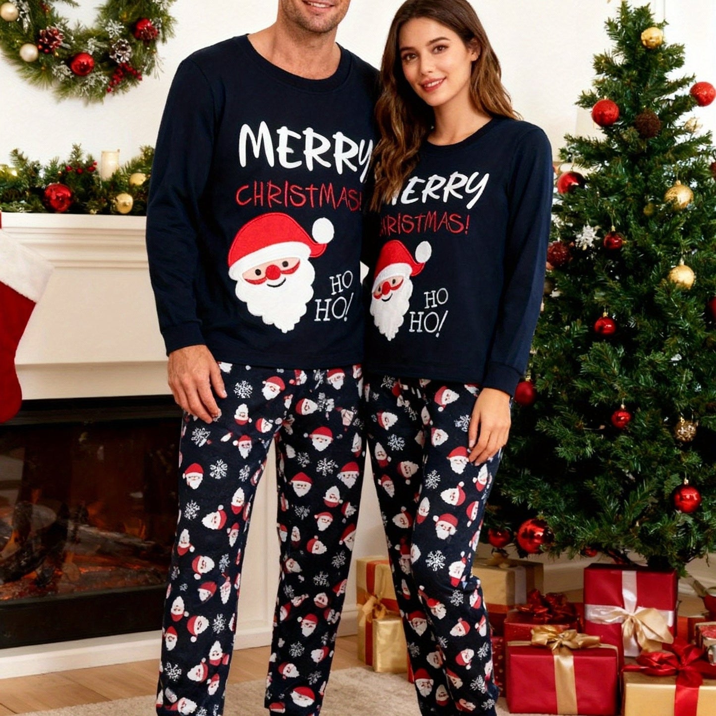 2-Pack Family Matching Christmas Pajamas Set, Santa And Tree Print Long Sleeve Nightwear Set for Men, Kids Family Pjs, Holiday Party Pajamas