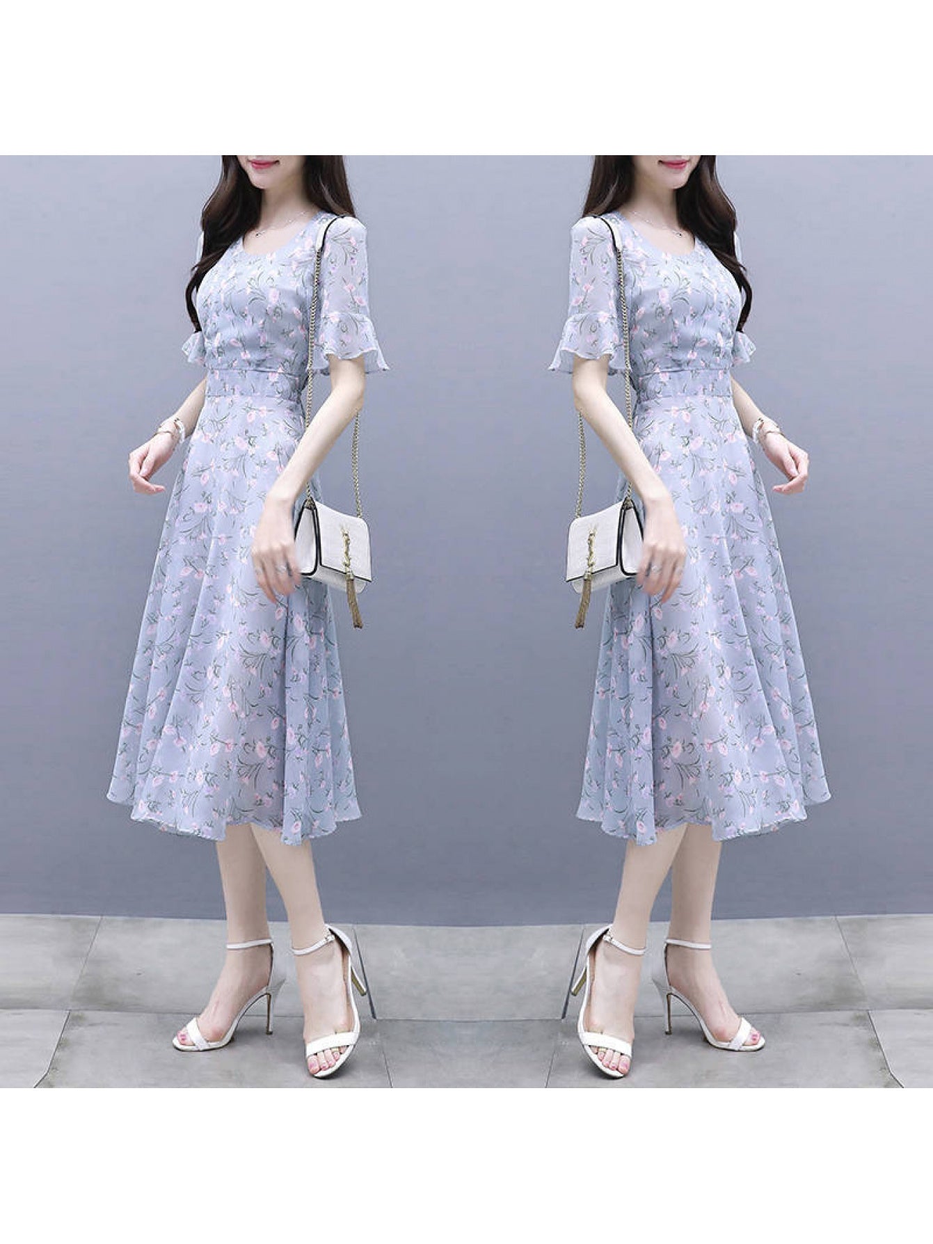 Women'S Floral A-Line Dress with V-Neck & Waist-Cinching Slim Fit - Lightweight Breathable Short Sleeve Boho-Chic Dress for Spring Summer Fall, Pastel Floral Print in Soft Pink Yellow Green, Casual to Semi-Formal Occasions