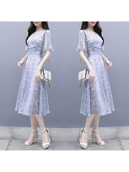 Women'S Floral A-Line Dress with V-Neck & Waist-Cinching Slim Fit - Lightweight Breathable Short Sleeve Boho-Chic Dress for Spring Summer Fall, Pastel Floral Print in Soft Pink Yellow Green, Casual to Semi-Formal Occasions