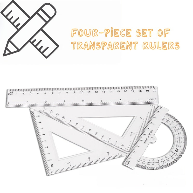 4pcs set of transparent plastic rulers, a geometric figure set, with inch and metric measurements, suitable for teaching and office use.