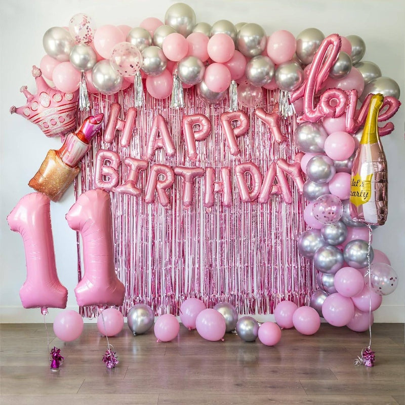 89 Piece Girls Birthday Balloon Set With 0 To 19 Crown Lipstick Champagne Bottle Shapes Confetti Backdrop Arch Kit Pink