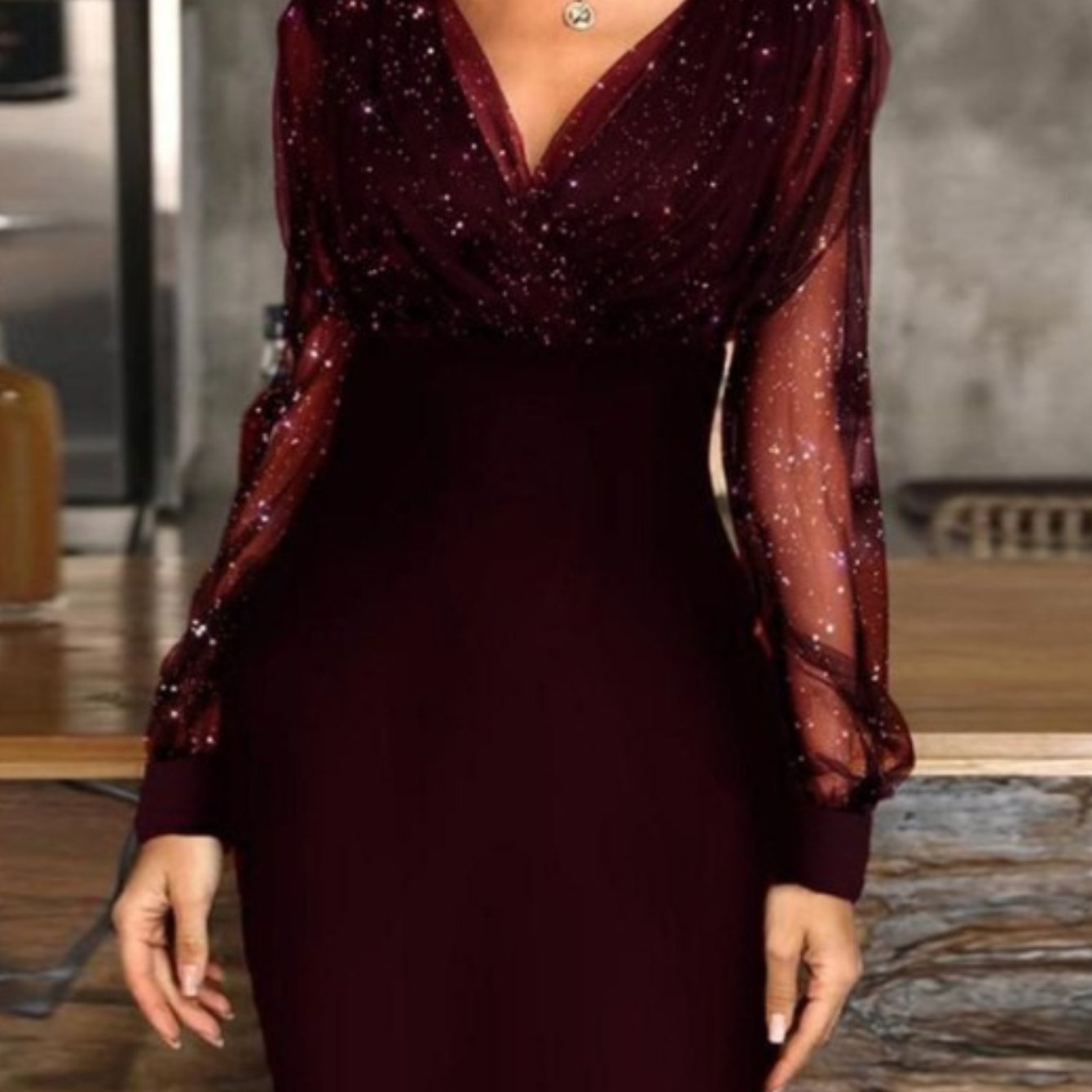 HERTALK Mesh V-Neck Sequin Dress, Slim-Fit And Sexy