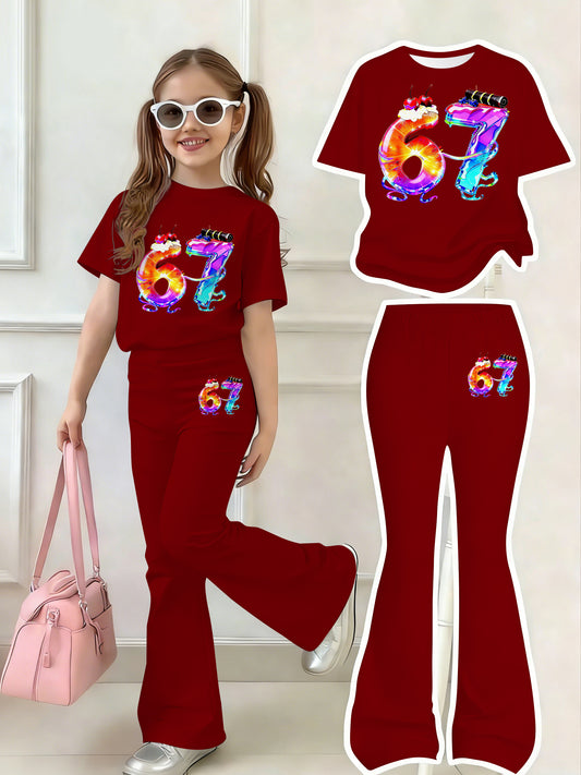 Wine Red Casual Two-Piece Set | Short-Sleeved T-Shirt + Flared Pants with Colorful Cartoon Number 67 Fun Print | Comfortable and Fashionable Daily Outfit for Girls, for Outdoor