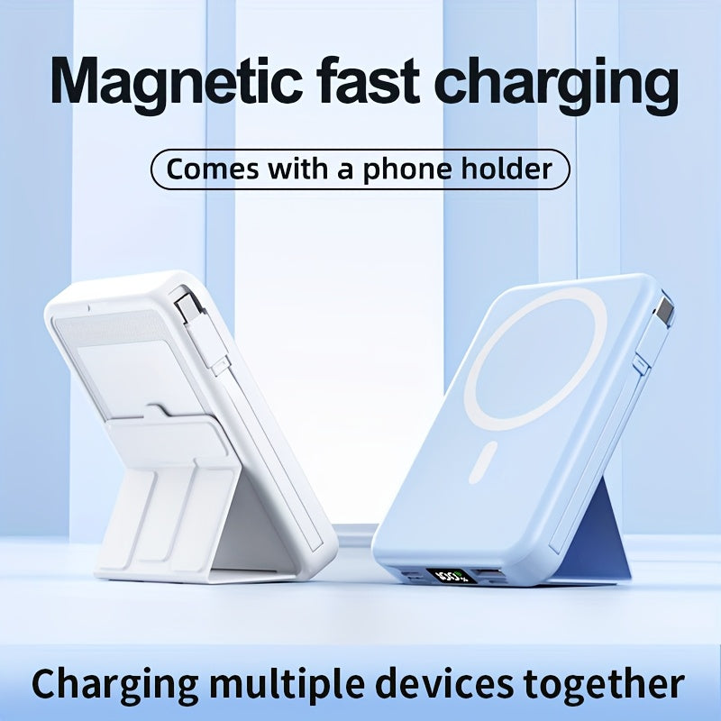 10000mAh Power Bank With PD 22.5W Wireless Charging And 15W Magnetic Fast Charge Dual Cables Stand Battery Display