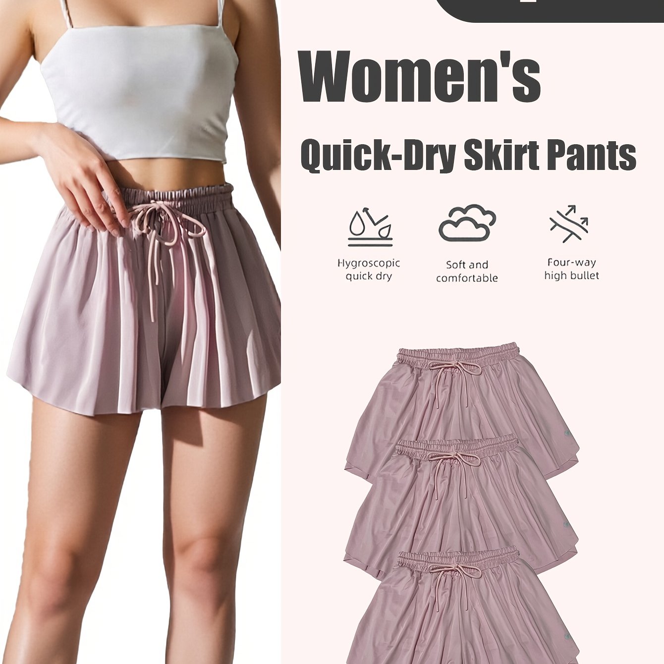 Women's Quick-Dry 3pcs Sports Skirt & Shorts Set with Built-In Safety Shorts - Solid Color Pleated Skater Skirt, Gymnastics Running Jumping Outfit, Spring Summer Fall Athletic Wear, Machine Washable (No Transparency)