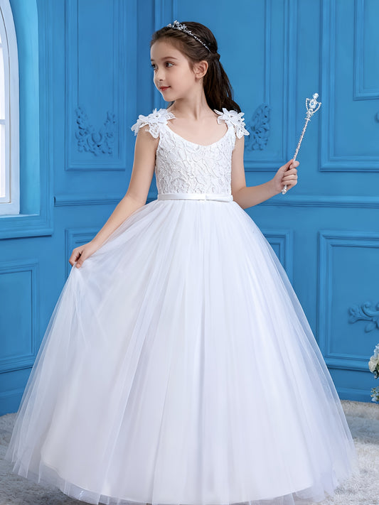 Girls Princess Style Jacquard Ball Gown With 3D Floral Embellishments