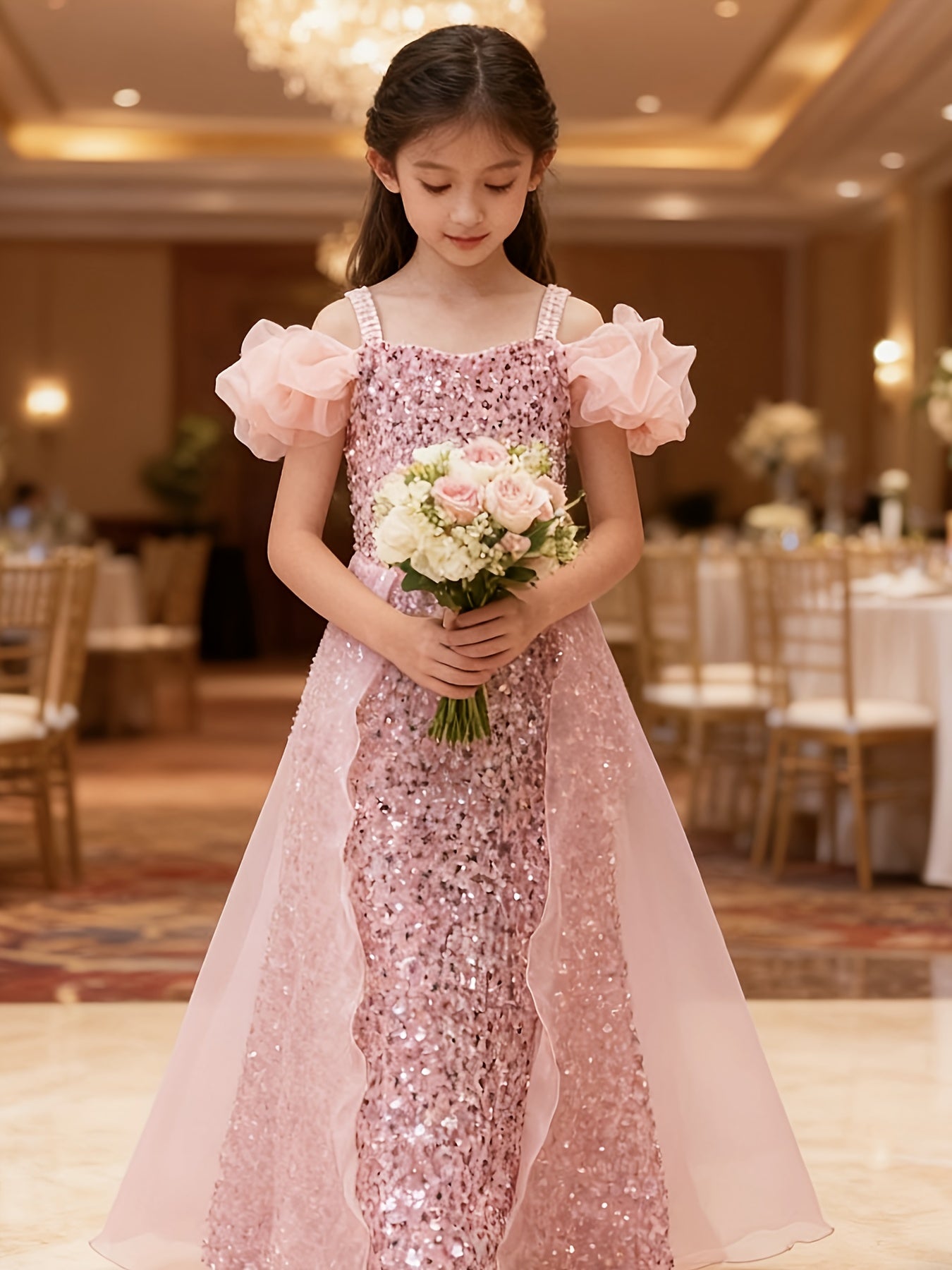 Girls Princess Gown With Off-Shoulder Puff Sleeves Tulle Train