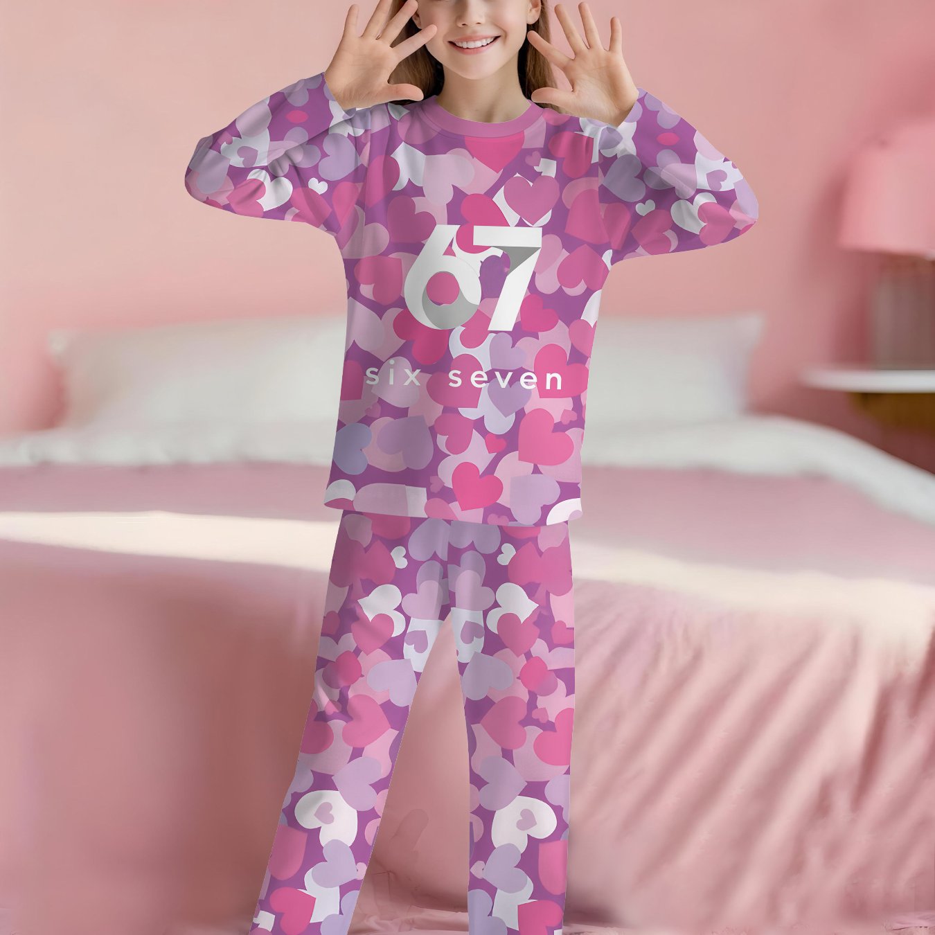 Heart Number 67 Print Pajama Sets | Soft Ventilated, Cute Girls Home Wear with Crew Neck and Slight Stretch Fabric
