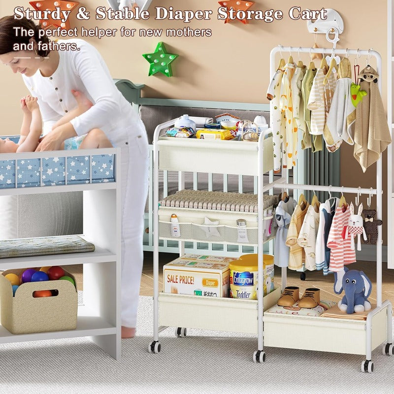 Two-in-One Diaper Caddy and Clothes Organizer Rolling Cart