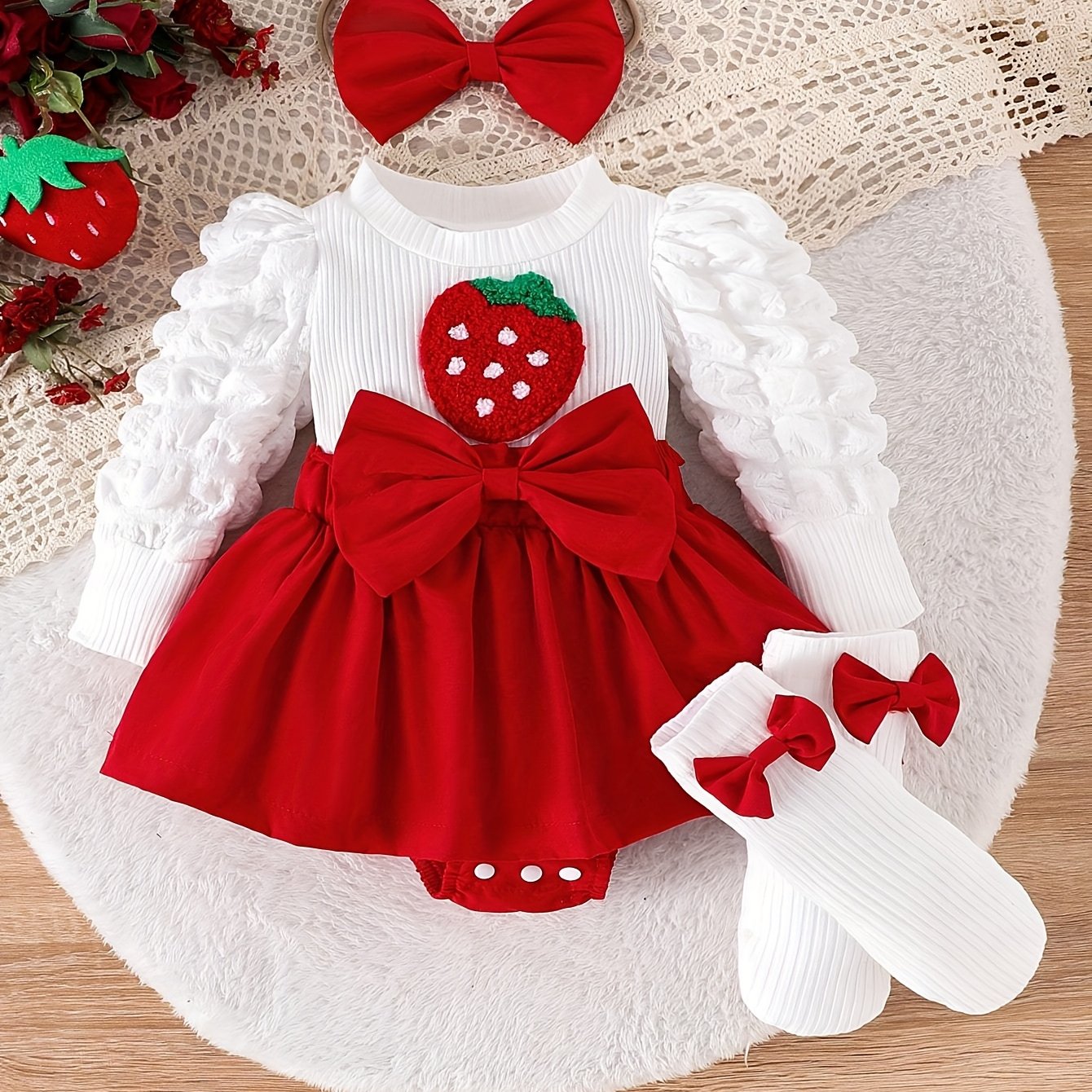 4pcs Baby Girl Adorable Strawberry Embroidered Big Bow Faux Two-Piece Bubble Sleeve Romper Set with Headband And Socks, Perfect for Outdoor