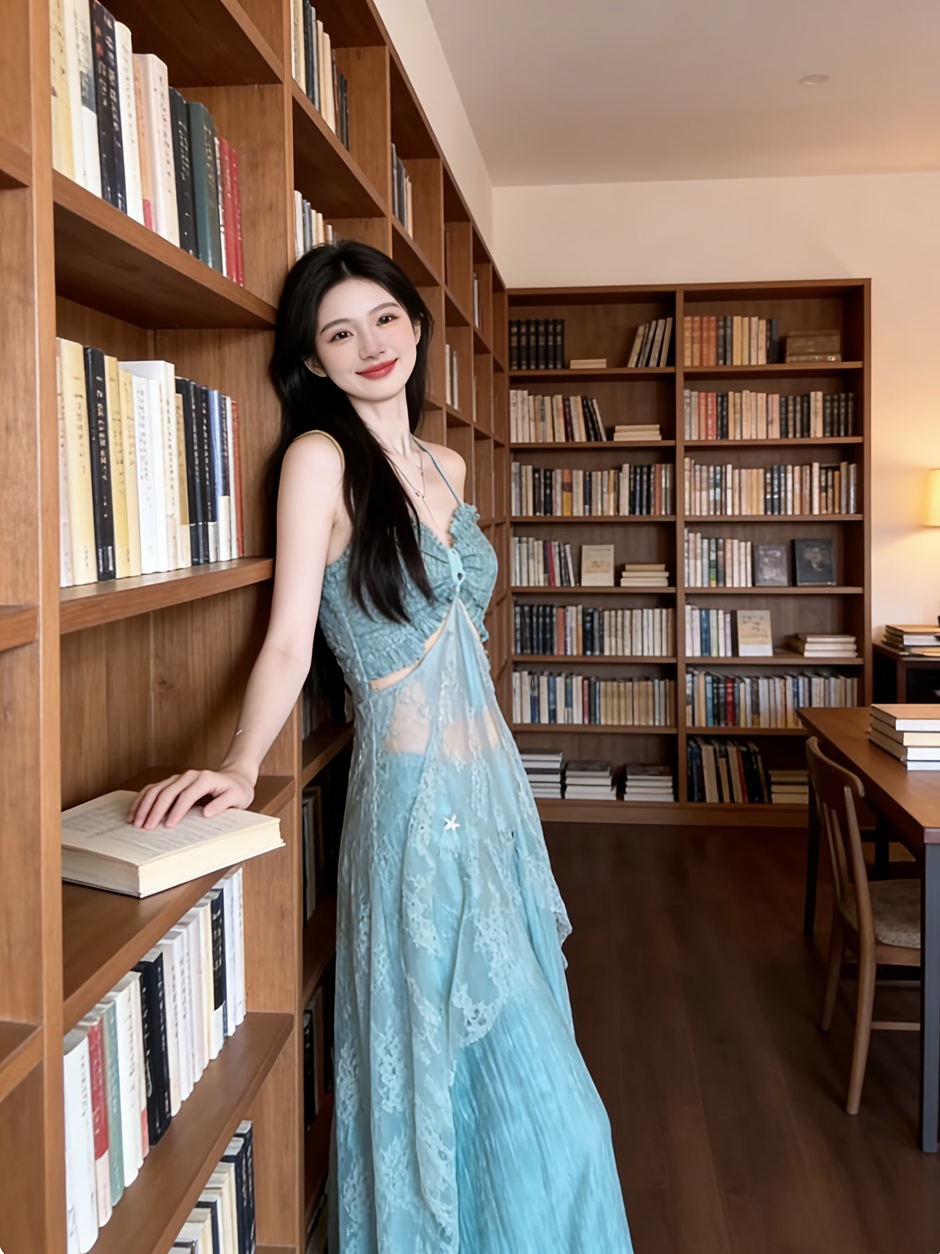 Cool-toned Halter Neck Camisole Dress | Mint Green Lace Sheer Waist-Cinching Maxi Dress, Soft Vibe Atmosphere Outfit, Asymmetrical Long Two-Piece Set, Ideal for Spring/Summer Vacation