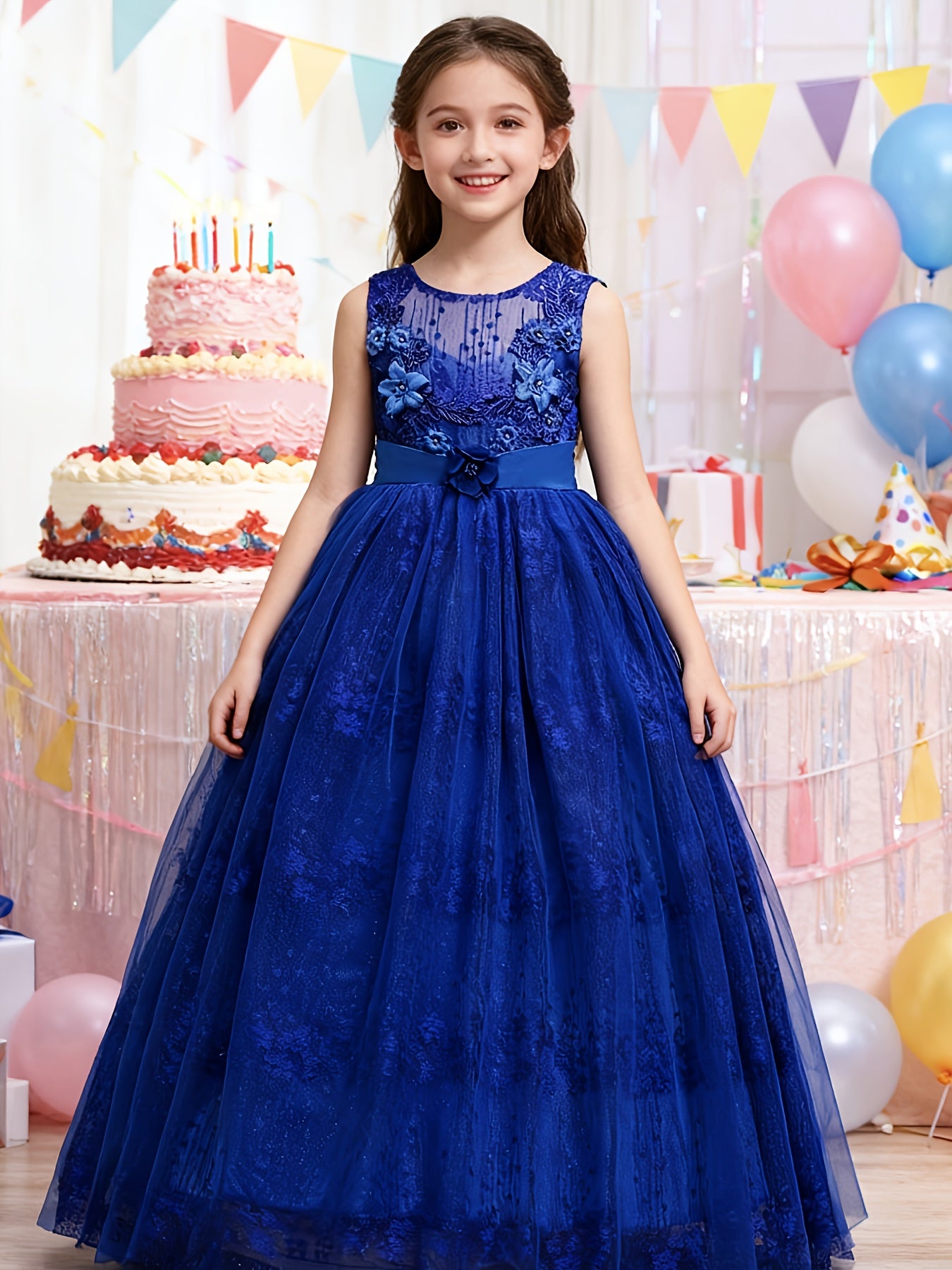 Girls Princess Gown Sleeveless 3D Lace Embroidery Maxi Dress