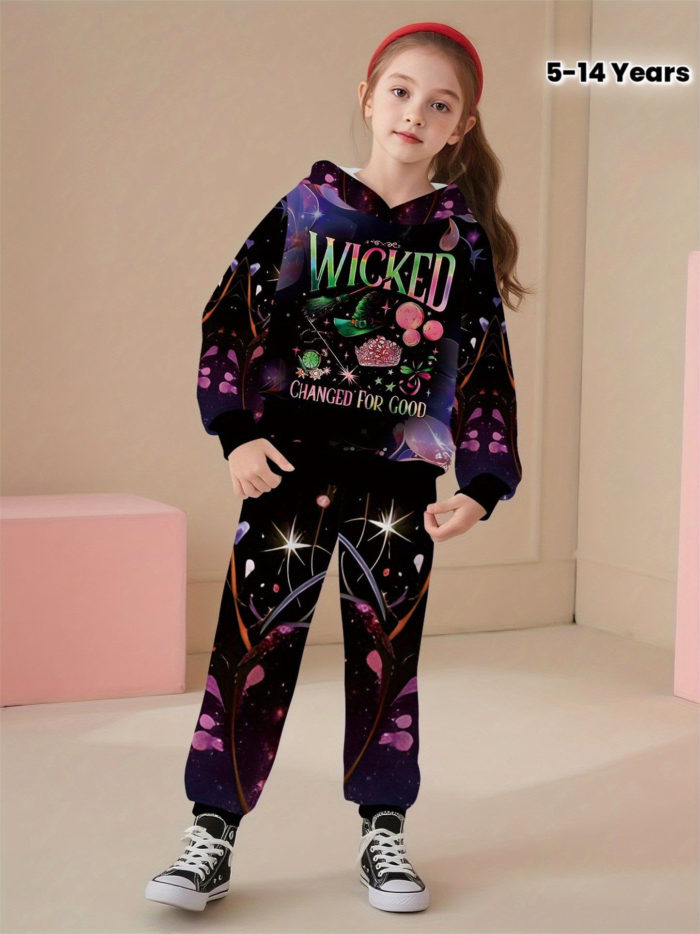 Wicked Themed 2pcs Girls' 3D Print Hoodie and Pants Set, Fashionable Casual Outfit, 100% Polyester Suitable for Girls Going Out, Perfect Gift for Girls, Perfect for Outdoor