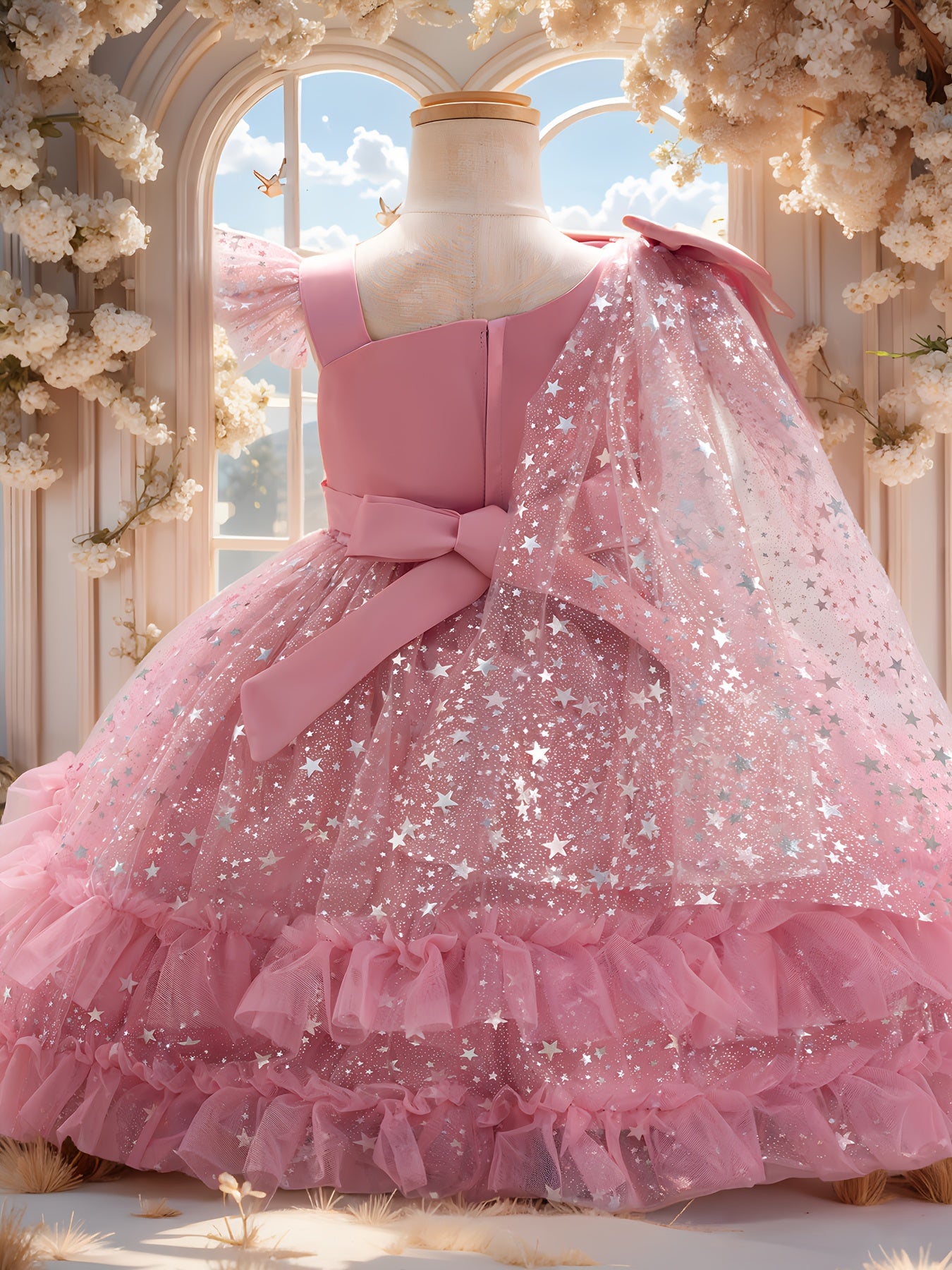 1st Birthday Girl Dress with Detachable Cape & Starry Tutu - Mint Green Sparkling Princess Party Gown, Soft Breathable Baby Girl for Weddings, Photo Shoots & Celebration Outfit (Short Sleeves, Belt)